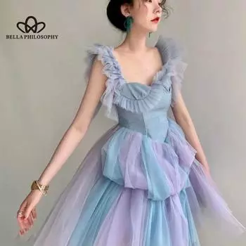 Пышное платье французской суперфеи принцессы, женское летнее новое нишевое сетчатое лоскутное платье-комбинация S синий