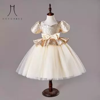 Пышное платье принцессы цвета шампанского, вечернее платье с бантом для девочек, платье маленькой цветочной девочки 110 жёлтый