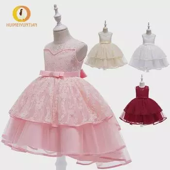 Пышное платье принцессы из кружевной сетки для девочек 2025 года для европейского и американского рынков — идеально подходит для ведущих и фортепианных выступлений 110cm красный