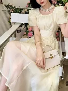 Пышное платье Узкое элегантное платье Женская мода Повседневное длинное платье Винтажное платье для пляжной вечеринки One Size абрикосовый