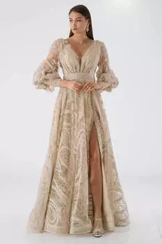 Пышное Вечернее Платье Из Тюля с Вышивкой и Детальным Разрезом Бежевое SUES