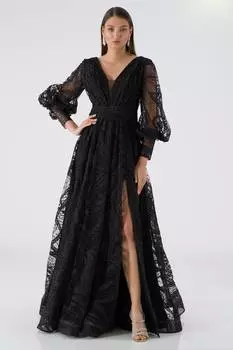 Пышное вечернее платье из тюля с вышивкой и разрезом, черное SUES