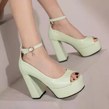 Q/женские босоножки на высоком каблуке, новые весенне-летние однотонные непромокаемые туфли на платформе, на толстом каблуке, с большим открытым носком 34 чёрный