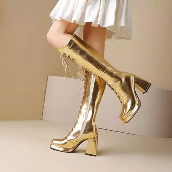 Q/Женские ботинки на высоком каблуке, осенние и зимние новые модные универсальные рыцарские сапоги оверсайз на толстом каблуке 34 золотистый