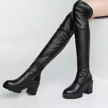 Q/Женские ботинки на высоком каблуке, осенние и зимние новые однотонные мотоциклетные ботинки большого размера 34 чёрный