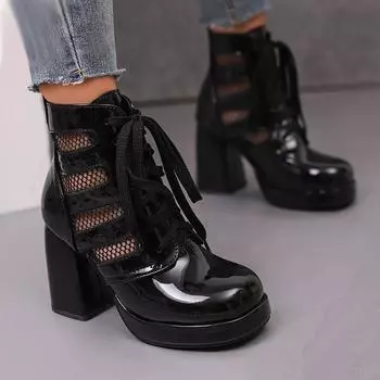 Q/Женские короткие сапоги на высоком каблуке, весенне-осенние водонепроницаемые ботинки на платформе, ботинки из крупной сетки на толстом каблуке 34 чёрный