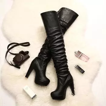 Q/Женские сапоги на высоком каблуке, новая водонепроницаемая платформа на осень и зиму, толстый каблук, сапоги до колена на большом каблуке. 34 чёрный