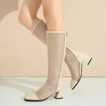Q/Женские сапоги на высоком каблуке, новые весенне-летние сапоги на толстом каблуке, большие однотонные длинные бочонки в сетку 34 чёрный