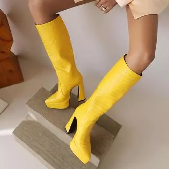 Q/женские сапоги на высоком каблуке, осенне-зимние новые сапоги средней длины с узором из крокодиловой кожи, водонепроницаемые ботинки на платформе, толстом каблуке, большие однотонные сапоги средней длины 34 чёрный