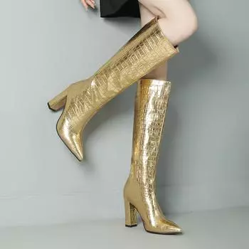 Q/Женские сапоги на высоком каблуке, сексуальные остроконечные толстые каблуки в европейском и американском стиле, золотые сапоги среднего размера в стиле оверсайз. 34 золотистый