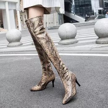 Q/Женские сапоги на высоком каблуке, сексуальный узор под змеиную кожу, острый носок на узком каблуке, большие сапоги до колена 34 красный
