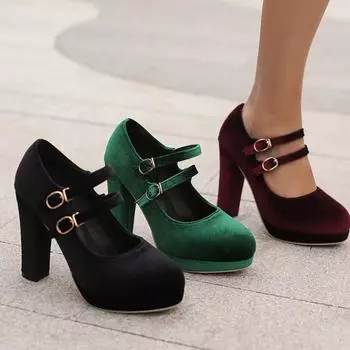 Q/Женские туфли на высоком каблуке, элегантные замшевые однотонные водонепроницаемые туфли на платформе, на толстом каблуке, на большом низком каблуке 35 чёрный
