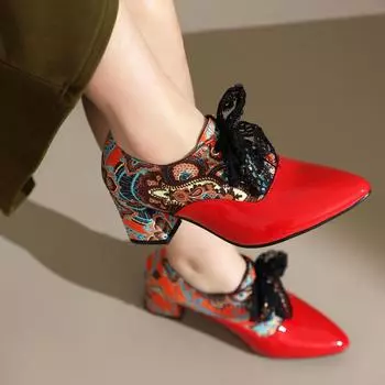 Q/Женские туфли на высоком каблуке, модная цветовая гамма, толстый каблук, большая шнуровка, низкие туфли. 34 красный