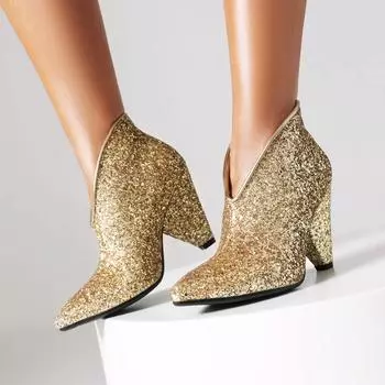 Q/Женские туфли на высоком каблуке, пикантные туфли в европейском и американском стиле с острым носком на толстом каблуке, однотонные туфли на большом низком каблуке 34 золотистый