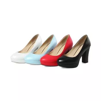 Q/Женские туфли на высоком каблуке, простой темперамент, однотонная водонепроницаемая платформа, неглубокий горлышко, толстый каблук, большой размер, туфли с низким берцем. 34 чёрный