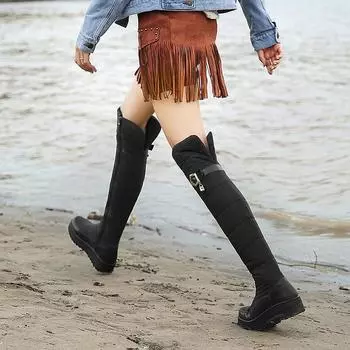 Q/Женские зимние ботинки на плоской подошве незаменимы зимой, поскольку они обеспечивают комфорт и тепло.. Длинные плюшевые сапоги большого размера из натуральной кожи. 35 чёрный