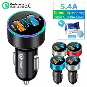 QC3.0 + 2.4A Автомобильное зарядное устройство с двумя USB-портами, ЖК-дисплей, 12-24 В, прикуриватель, быстрое зарядное устройство, обновленный автоматический USB-адаптер