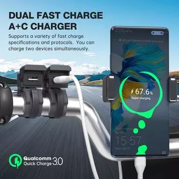 QC3.0 зарядное устройство для мотоцикла 2 в 1 USB Type C адаптеры водонепроницаемый кронштейн для крепления на руль зарядное устройство для телефона 12/24 В бортовая розетка чёрный