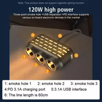 QC3.0 Quick Charge Splitter 3 in 1 Dual USB Socket 120W Car Charger Adapter Multifunctional For Phone IPad 12V 24V чёрный