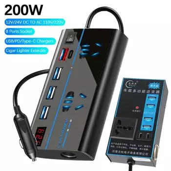 QC 3.0 DC 12V/24V to AC 110V/220V Converter Power Adapter 8 Ports Sockets Outlets USB/PD/Type-C Chargers Universal Car Inverter ON/OFF Switch 200W Metal A