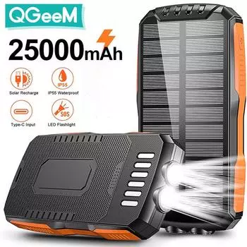 QGeeM 25000 мАч Солнечное беспроводное зарядное устройство Power Bank для iPhone Samsung Xiaomi Powerbank Портативное зарядное устройство Водонепроницаемая солнечная внешняя батарея