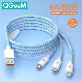 QGeeM 3в1, 66 Вт, сверхбыстрая зарядка, плетеный кабель для передачи данных Macarone, подходит для iPhone 11, 12, Huawei P30, Xiaomi, Android, тип C, кабель для быстрой зарядки 1.2M зелёный