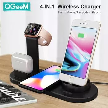 QGeeM 4 в 1 Беспроводное зарядное устройство с кронштейном Type-C Подставка для быстрой зарядки для iPhone 13 12 Samsung Xiaomi Настольные зарядные устройства для iWatch Airpods 4in1 белый