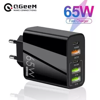 QGeeM 65 Вт USB-зарядное устройство для быстрой зарядки QC 3.0 PD 3.0 Настенная зарядка 5-портовый адаптер с вилкой европейского стандарта для путешествий EU plug белый