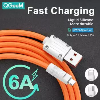 QGeeM 6A Кабель для быстрой зарядки USB-защитный зарядный кабель Микрокабель USB-Type C TPE Силиконовый кабель для быстрой зарядки для Xiaomi Samsung iPhone 11 12 Micro-1M чёрный