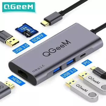 QGeeM 7in1 USB C Hub Huawei P20 Mate 20 Pro Type C USB Hub USB-C к концентратору 3.0 HDMI Card Reader Адаптер Thunderbolt3 для MacBook Pro 7 IN 1 HUB чёрный