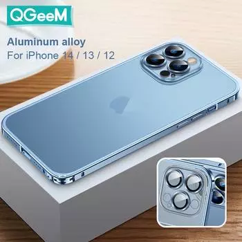 QGeeM алюминиевый сплав металлический каркас матовый полупрозрачный чехол из поликарбоната для iPhone 14 13 12 Pro Max поддерживающая крышка For iPhone 12 чёрный