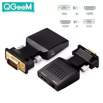 QGeeM Конвертер VGA в HDMI с аудио Full HD Адаптер VGA в HDMI с видеовыходом 1080P HD для ПК, ноутбука HDMI toVGA HDMI TO VGA ABS чёрный