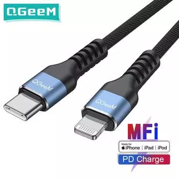 QGeeM MFi USB C to Lightning Зарядный кабель для iPhone для iPhone 12 mini Pro Max 11 X XS 8 7 PD Кабель для быстрой зарядки данных для Macbook 1m синий