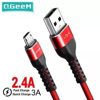QGeeM Micro USB-кабель 2,4A, нейлоновый USB-кабель для быстрой зарядки и передачи данных для Samsung Xiaomi LG Tablet Android, мобильный телефон, USB-кабель для зарядки