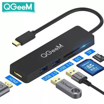 QGeeM USB C Hub для Macbook Pro Type C Hub to HDMI USB 3.0 TF SD Multi USB 3.1 Hub Адаптер для iPad Pro OTG Splitter USB C Dock чёрный