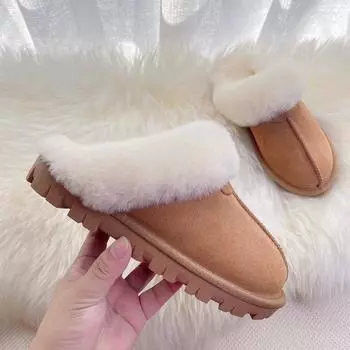 Qiansongyi Same Style, шерстяные тапочки Star Tow, интегрированная сумка-голова из коровьей кожи, мужские и женские тапочки большого размера с толстым дном и нескользящей хлопковой окантовкой 35