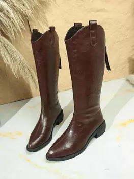 Qiao Feifei pointed but knee boots new thick heel brown v-mouth big tube circumference thin and fat mm boots 43