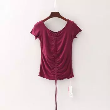 [Qiao] Shopping Mall Brand Discount Women s Elastic Drawstring Lined Chest Pad Yoga Sports T-shirt 3s263 Wine Red S/155