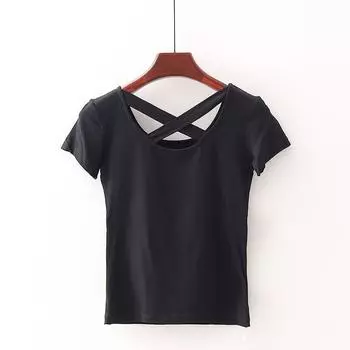 [Qiao] Shopping Mall Brand Discount Women s Cross round Neck with Lining Elasticity Silm Yoga Short-Sleeved T-shirt 3s238 Black S/155