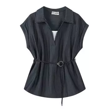 Qiaolisa French Style Retro Patchwork Lapel Shirt Women s Summer Thin Waist-Tight Slim Looking Unique Chic Stripes Tops