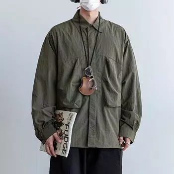 Qiaoyishan Outdoors Commute Solid Color Workwear Large Pocket Shirt Casual All-Matching Mens Autumn Shirt Coat Fashion M зелёный