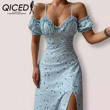QICED 5 цветов женское сексуальное тонкое миди-платье с цветочным французским бретелькой на бретельках S