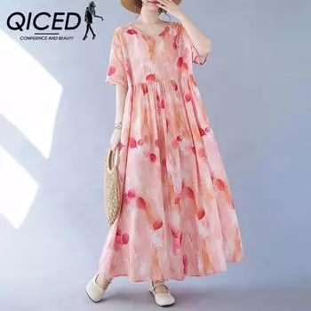 QICED Art Plus Размер Fat MM Plus Fat Plus Юбка с короткими рукавами и цветочным принтом Пляжная длинная юбка Uniform size