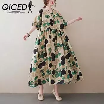 QICED Art Plus Размер Fat MM Plus Fat Plus Юбка с короткими рукавами и цветочным принтом Пляжная длинная юбка