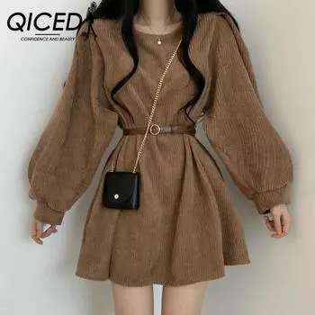 QICED Autumn and Winter Dress High Cold Temperament A-word Skirt Women s French Design Sense Corduroy Dress Small Man