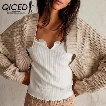 QICED Осенне-зимний модный свитер-кардиган с V-образным вырезом и рукавами «летучая мышь» для женщин S