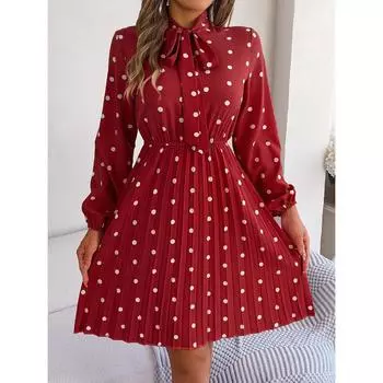 QICED Autumn and Winter Stylish Polka Dot Tie Waist-cinching Long-sleeved Pleated Skirt Women s Wear S