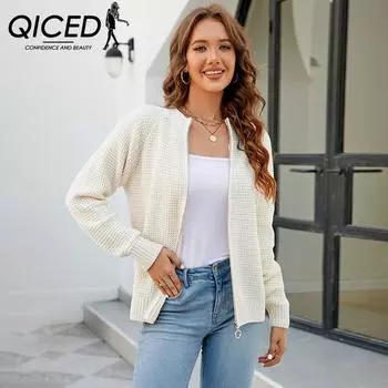 QICED Осенне-зимний свитер кардиган женский однотонный на молнии с круглым вырезом свитер пальто S покинуть белый