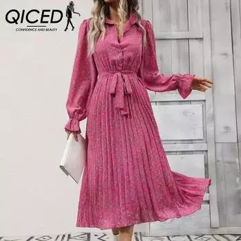 QICED Осенне-зимнее женское модное кружевное плиссированное свободное платье с длинными рукавами для женщин S