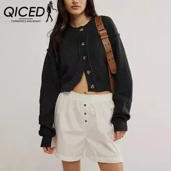 QICED Autumn and Winter Women s Fashion Loose Cardigan Knit Single Row Button Coat S чёрный